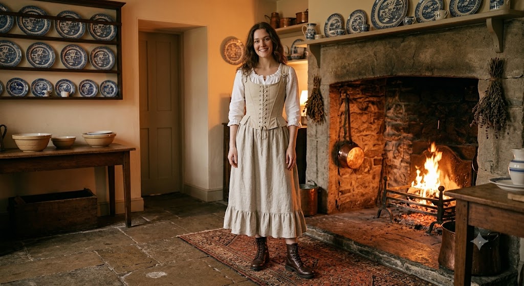 Renaissance Corset Vest and Ruffled Linen Midi Skirt